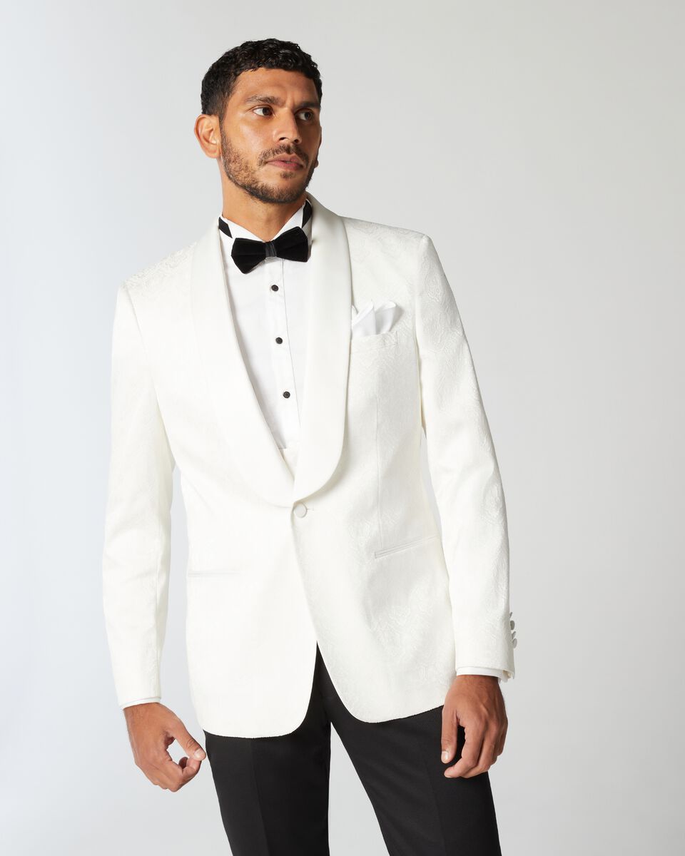 Ivory Slim Stretch Jacquard Satin Shawl Collar Tuxedo